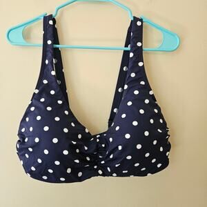 Lands' End Women's Bikini Top, Size 18W Navy Polka Dot Underwire Ruched Pinup